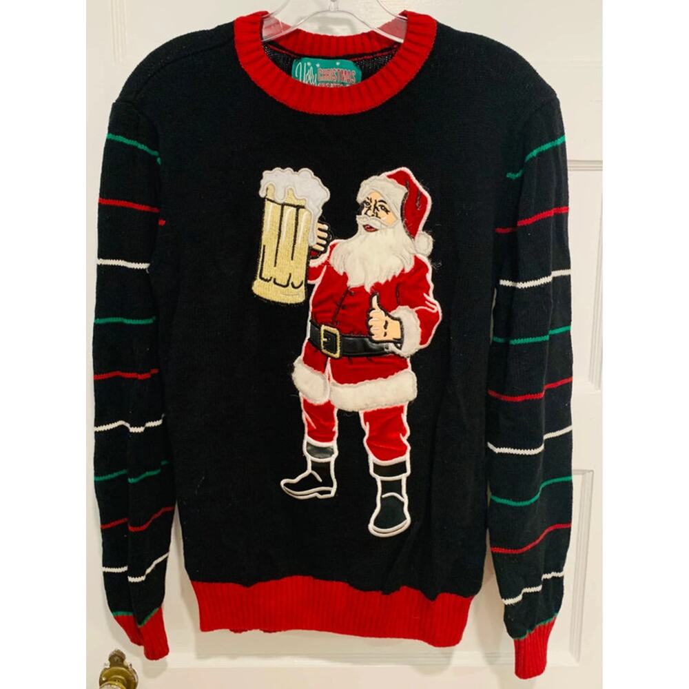 Ugly Christmas Sweater Santa's Beer Sweater in Black, Size M Unisex